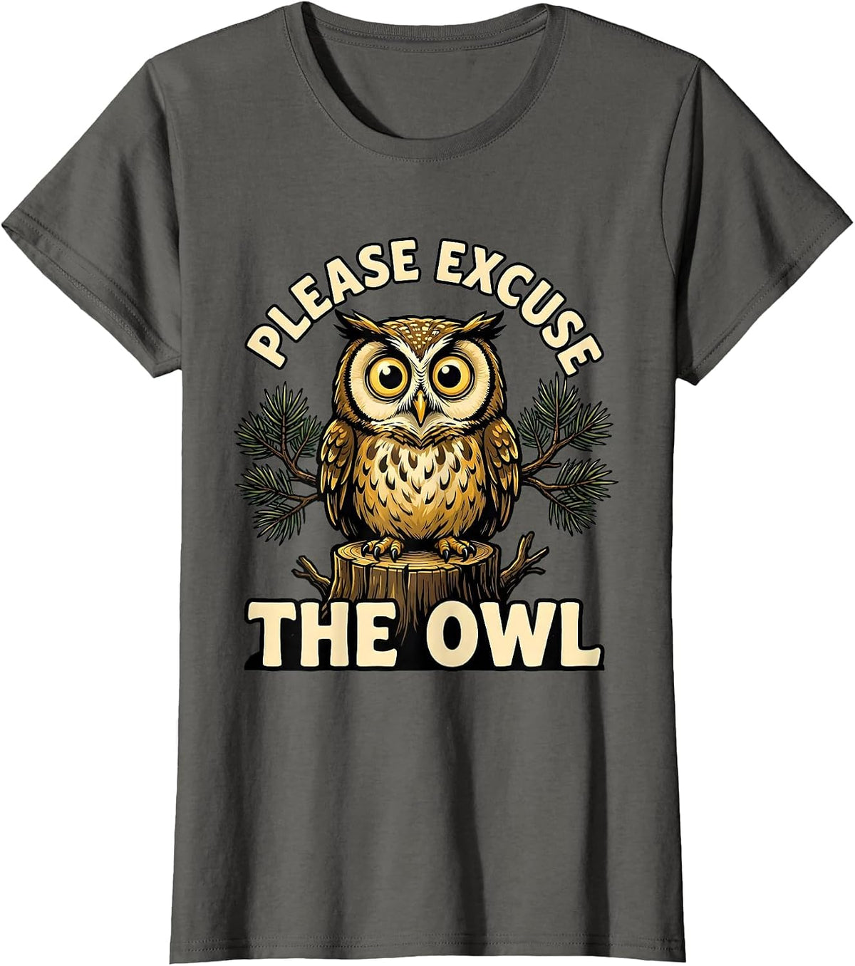 Women's Please Excuse the Owl Cartoon Nature Lover Camping Humor T-Shirt - Asphalt Grey