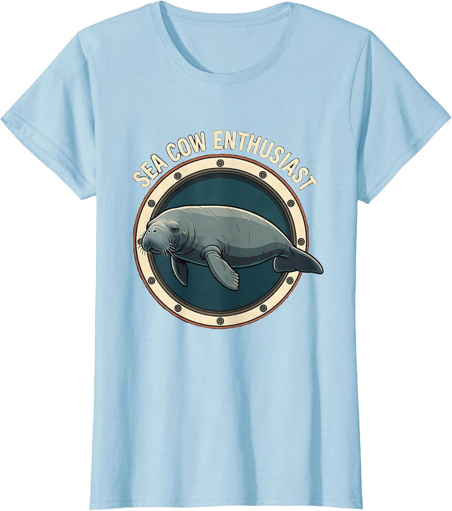 Women's Sea Cow Enthusiast Funny Manatee Lover Ocean Animal Humor T-Shirt - Baby Blue