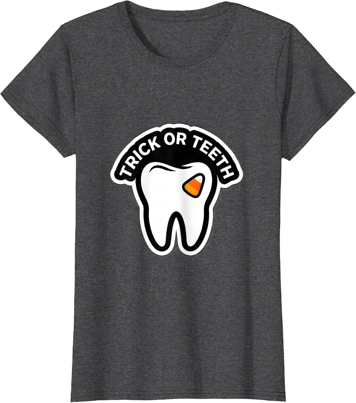 Women's Trick Or Teeth Sticker Style Halloween Dentist Dental Team T-Shirt - Dark Heather Grey