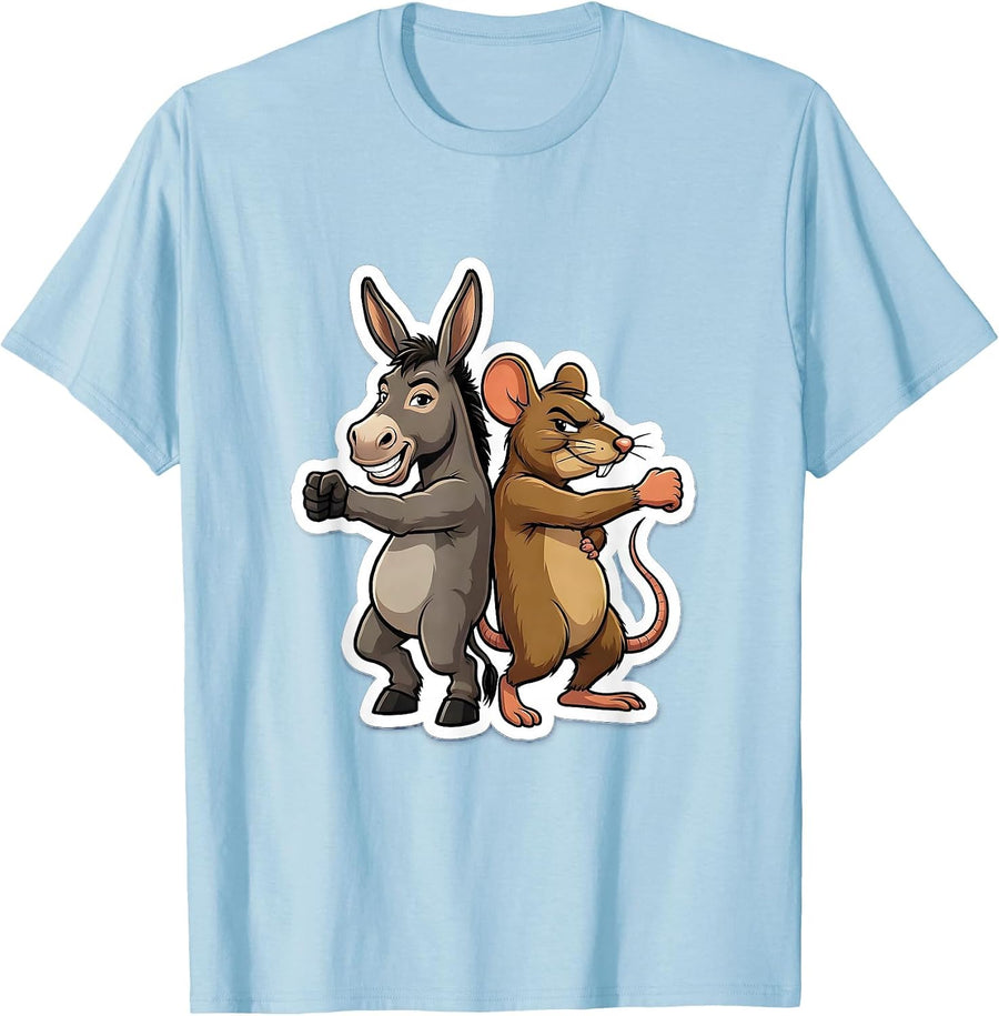 Men's Donkey and Rat Fist Bump Funny Animal Duo Art T-Shirt - Baby Blue