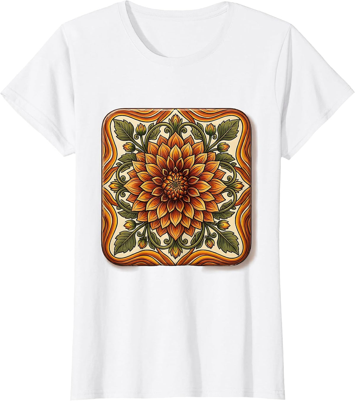 Mexican Talavera Floral Tile Art Design T-Shirt - White