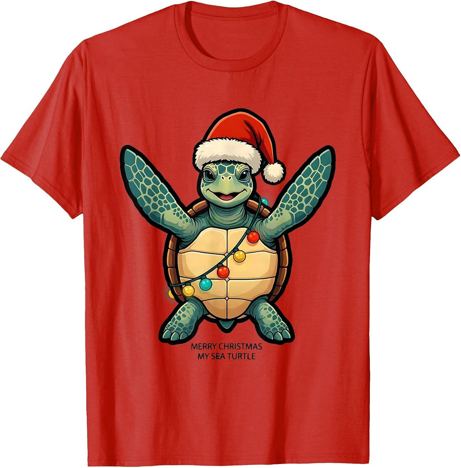 Men's Merry Christmas My Sea Turtle Cartoon Sea Animal Lover Ugly T-Shirt - Red