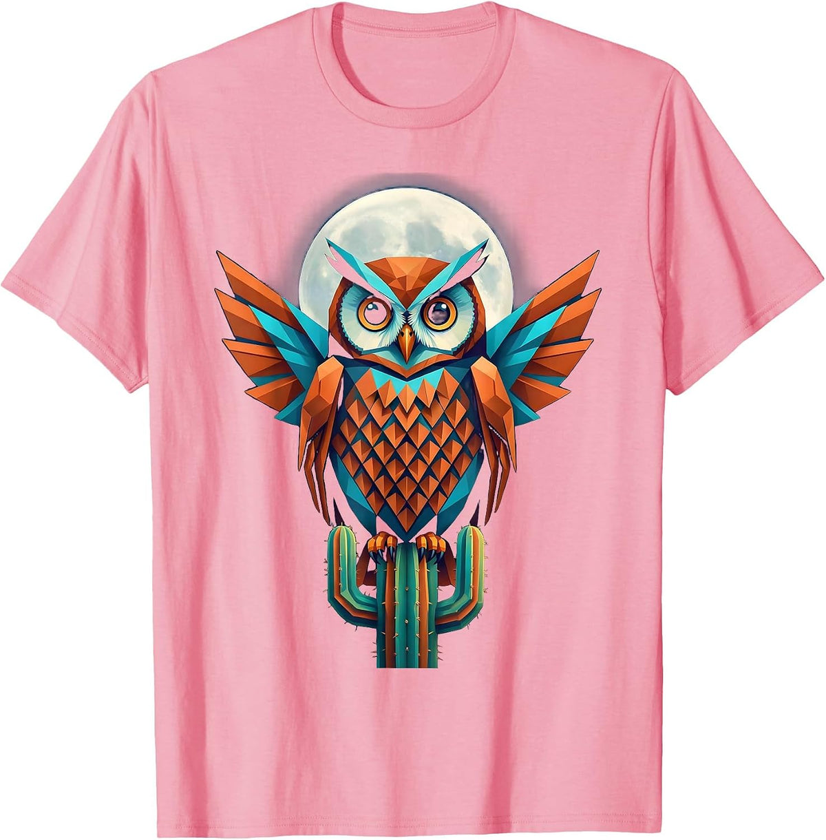 Mexican Owl on Cactus Full Moon Illustration T-Shirt - Pink