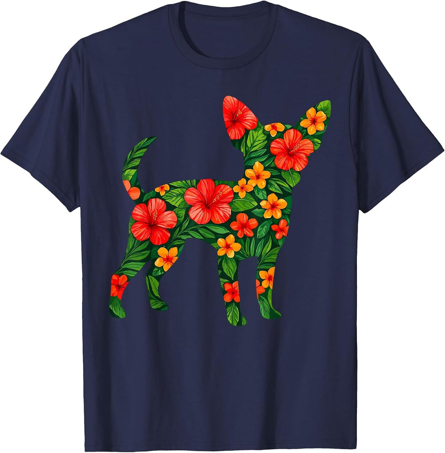 Floral Chihuahua T-Shirt - Navy Blue