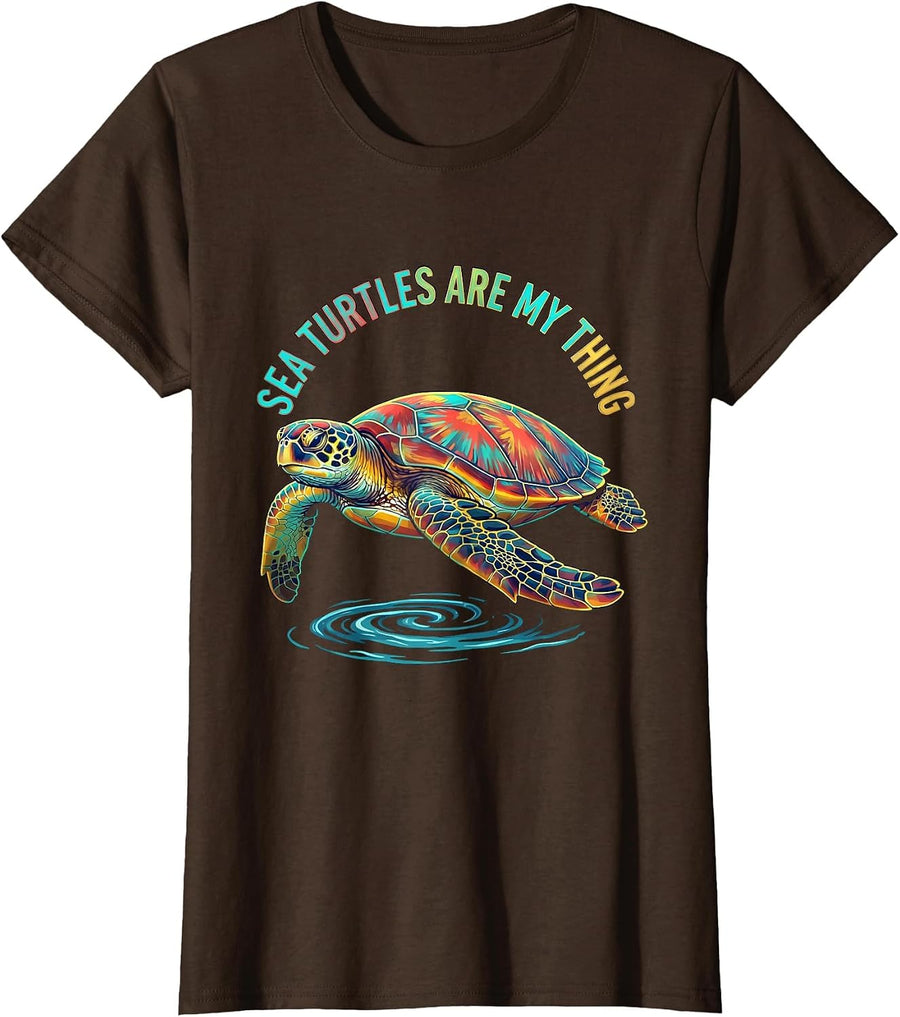 Women's Sea Turtles Are My Thing Colorful Sea Turtle Lover Beach T-Shirt - Brown
