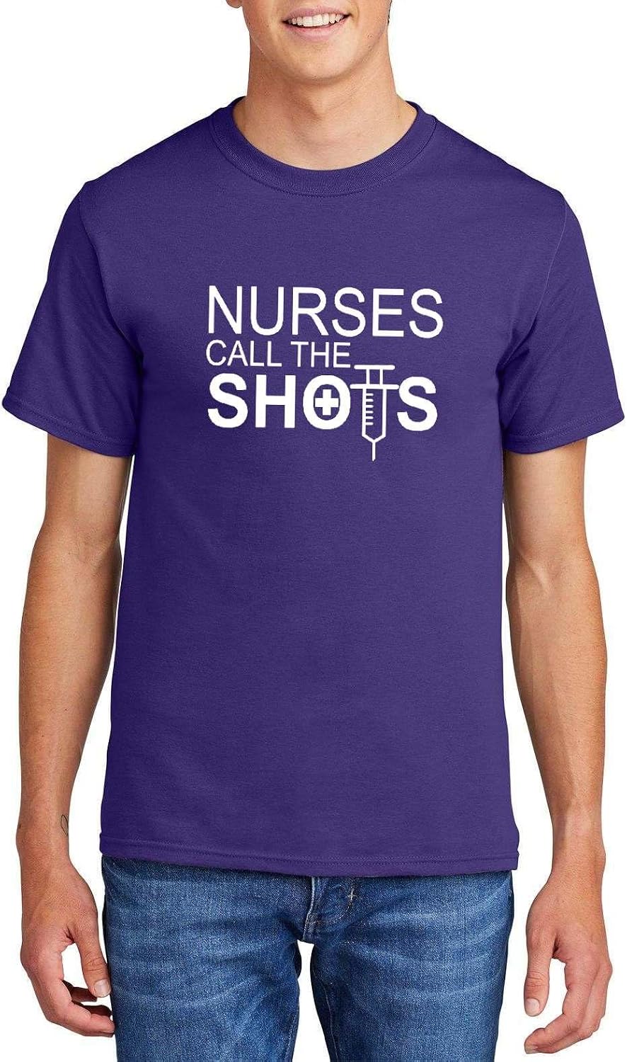Nurses Call the Shots Funny Nurse Syringe Graphic Top Cotton Tee Adult Youth Tall Men Women - Mens Crew Purple