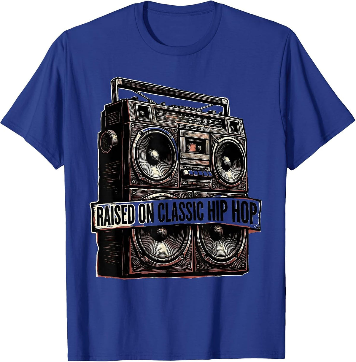 Raised On Classic Hip Hop Linocut Retro Cassette Nostalgia T-Shirt - Royal Blue