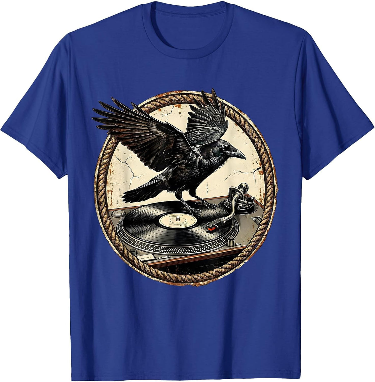 Men's Raven on Vintage Turntable Rock Music Graphic T-Shirt - Royal Blue