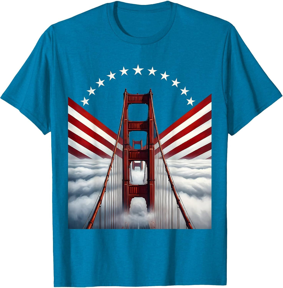 Golden Gate Bridge Foggy Dusk Illustration T-Shirt - Sapphire Blue