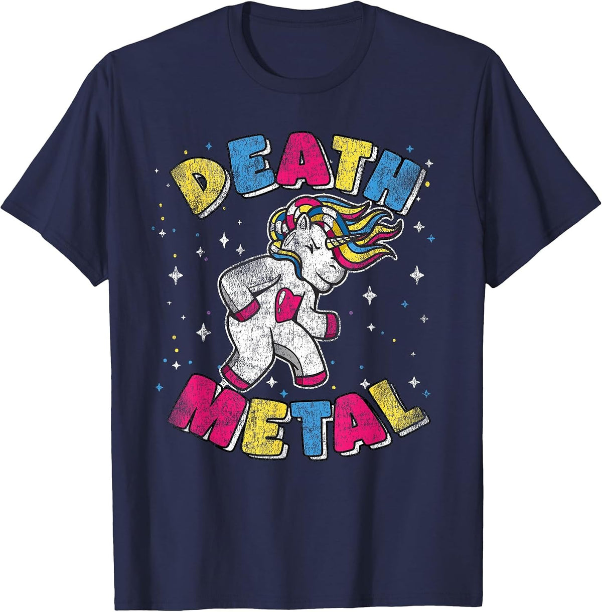 Death Metal Kids Headbanging Retro Heavy Metal Unicorn T-Shirt - Navy Blue