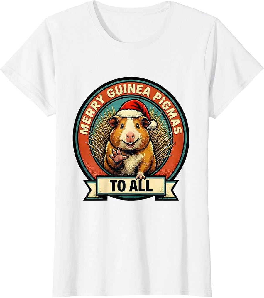 Women's Merry Guinea Pigmas To All Retro Advertising Mascot T-Shirt - White