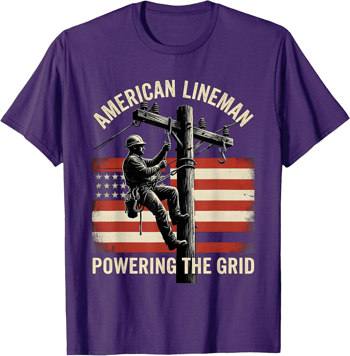 Men's American Lineman Powering the Grid Distressed Electrician T-Shirt - Purple