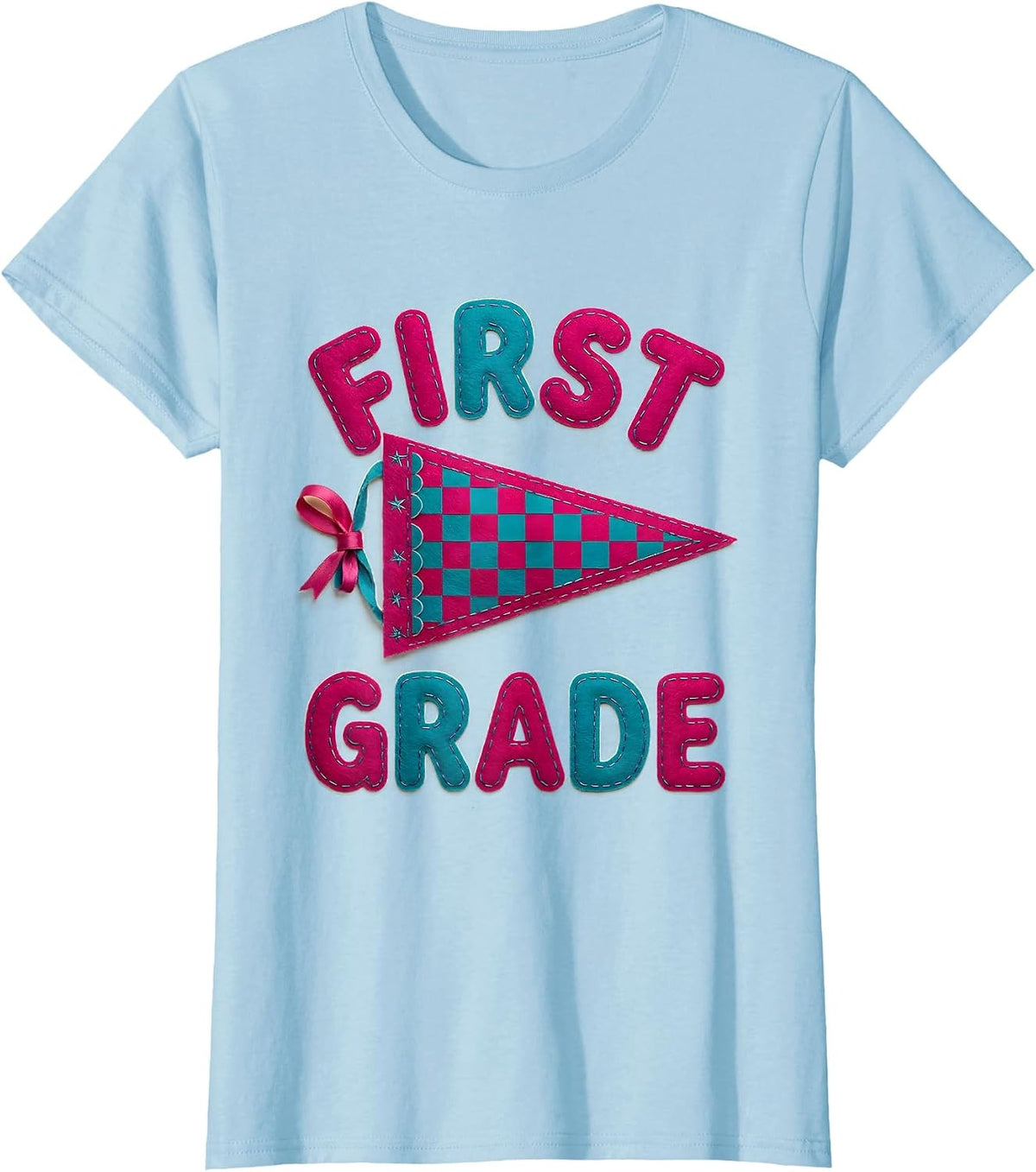 Women's First Grade Cheerful Pennant Back To School Girl T-Shirt - Baby Blue