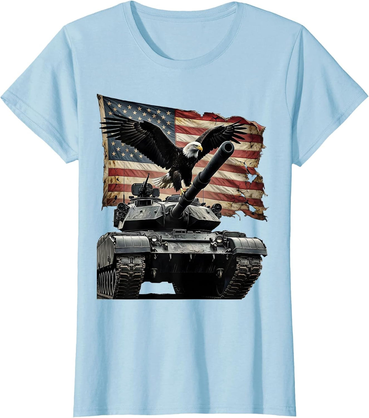 Bald Eagle Perched on Tank Barrel Patriotic Art T-Shirt - Baby Blue