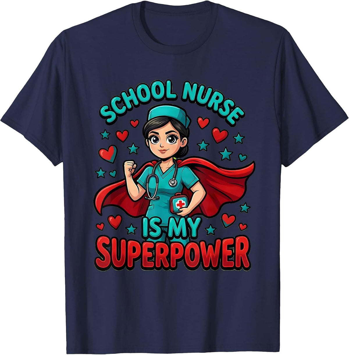 School Nurse Is My Superpower Cartoon Nurse Back To School T-Shirt - Navy Blue