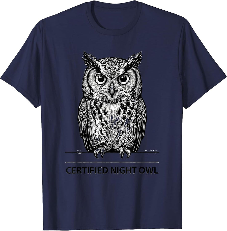 Certified Night Owl Funny Owl Lover Bird Humor T-Shirt - Navy Blue