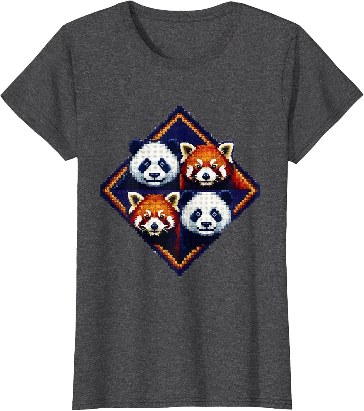 Women's Stitched Diamond Panda Red Panda Cross Stitch Sampler Animal T-Shirt - Dark Heather Grey