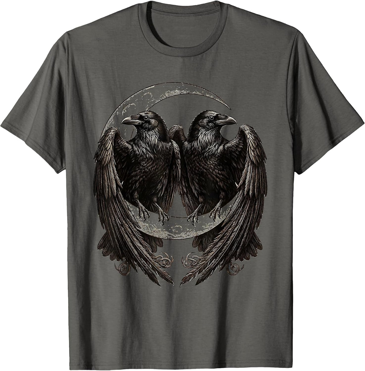 Odin's Ravens Crescent Moon Norse Mythology Design T-Shirt - Asphalt Grey