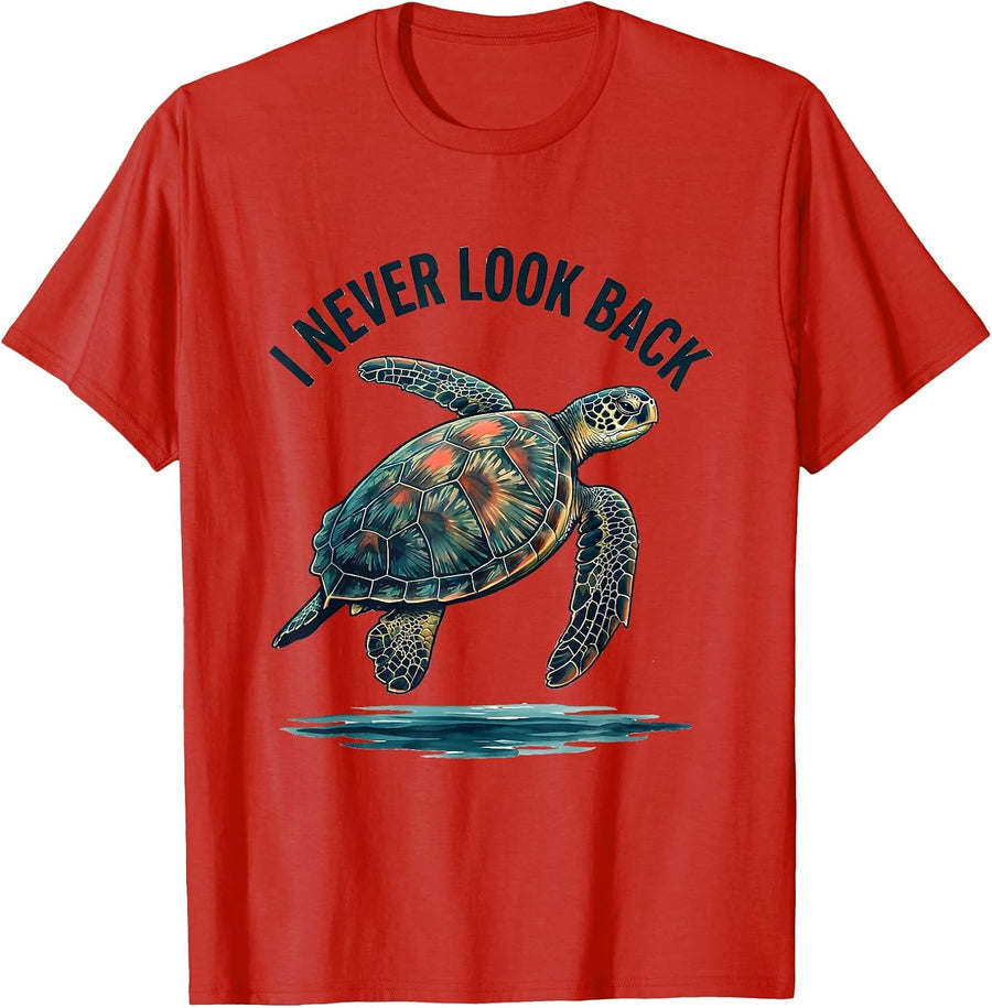 Men's I Never Look Back Sea Turtle Ocean Animal Lover Illustration T-Shirt - Red
