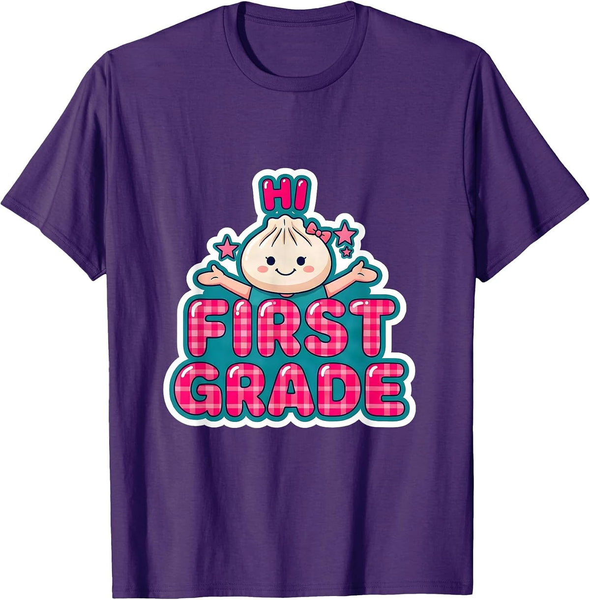 Hi, First Grade Cute Dumpling Girl Back to School Teacher T-Shirt - Purple