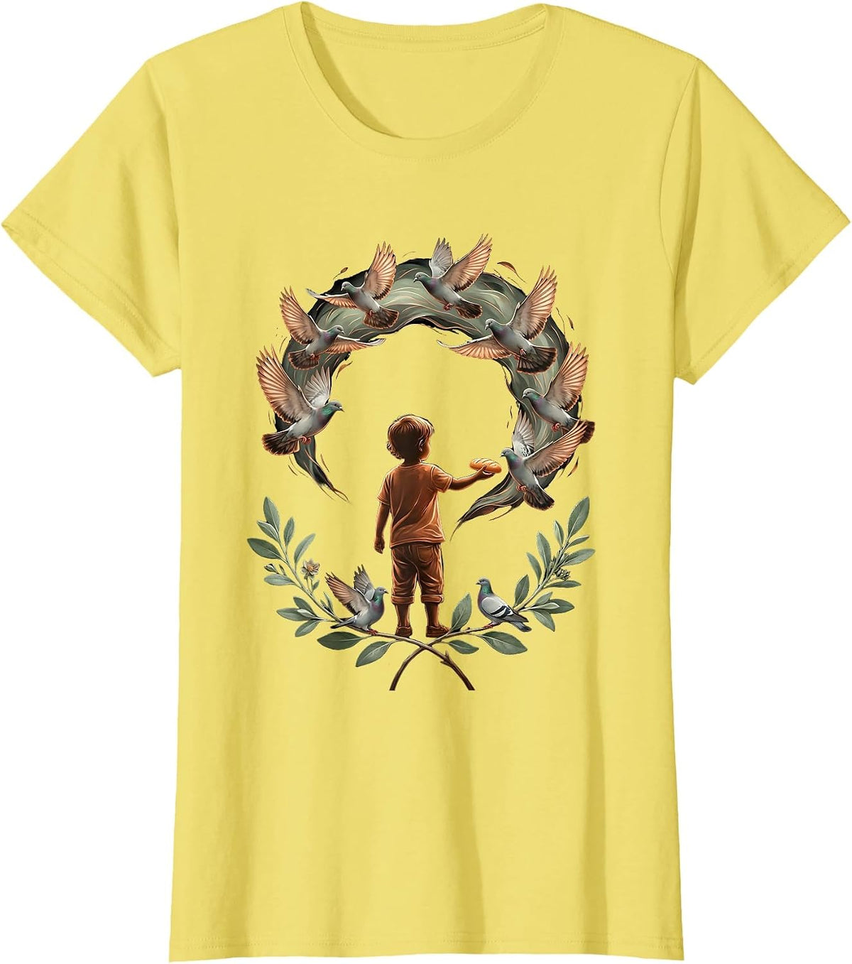 Child Feeding Pigeons Kindness Illustration T-Shirt - Lemon Yellow