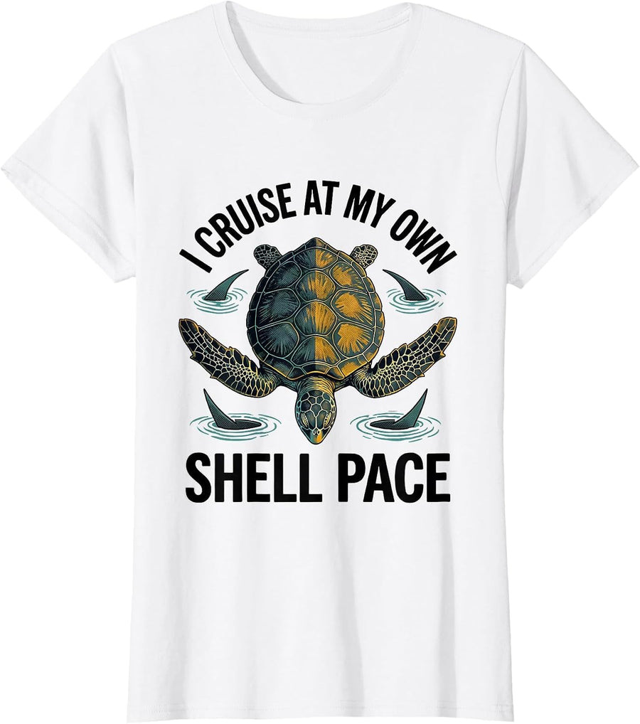 Women's I Cruise At My Own Shell Pace Midcentury Modern Sea Turtle T-Shirt - White