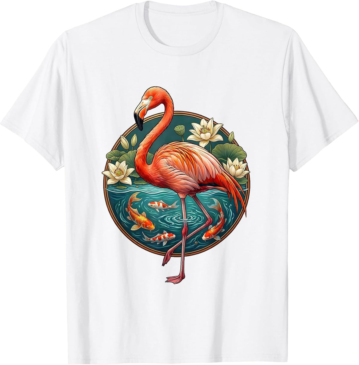 Flamingo and Koi Fish Harmony Graphic Design T-Shirt - White
