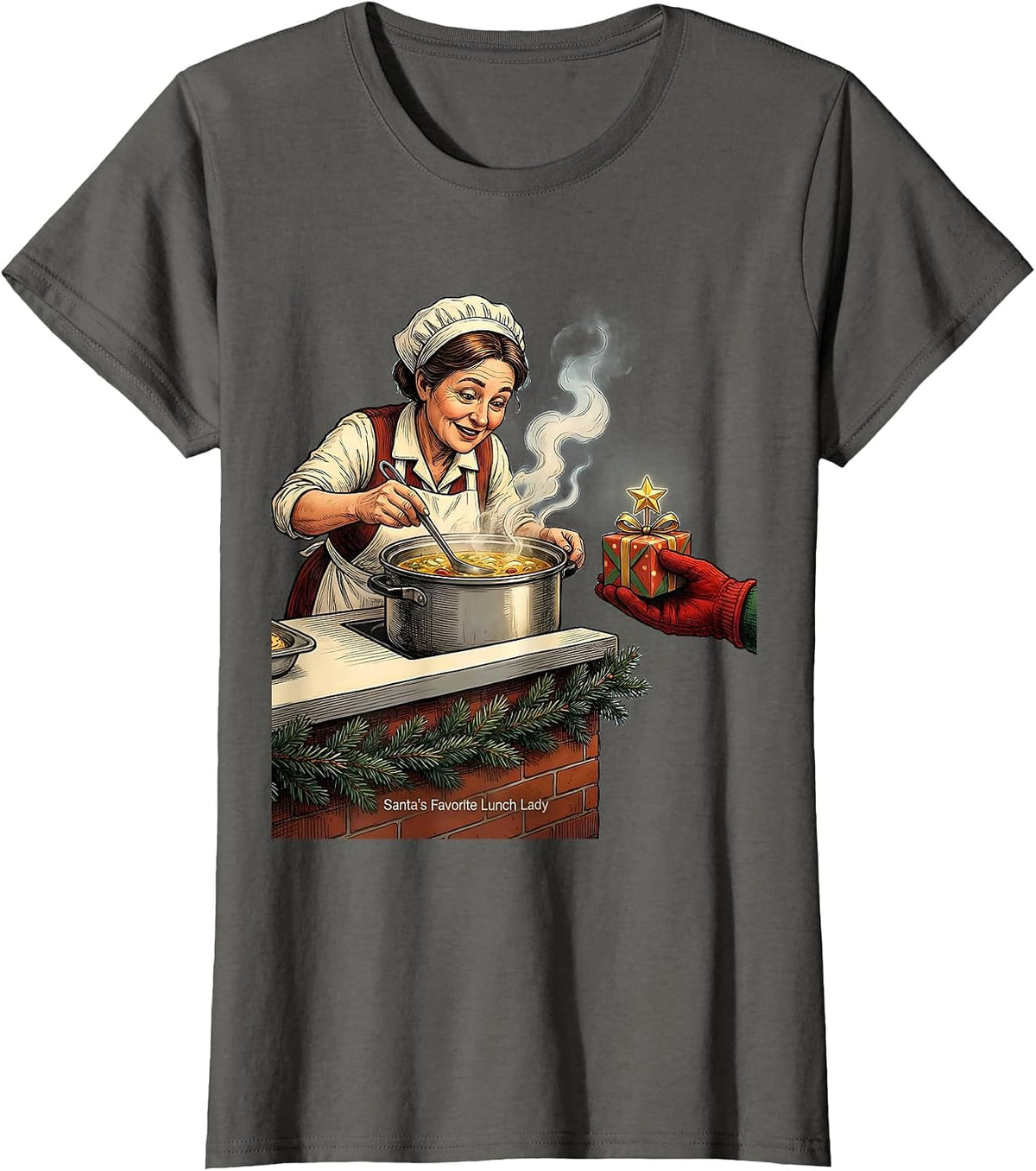 Women's Santa's Favorite Lunch Lady Funny School Staff Christmas T-Shirt - Asphalt Grey
