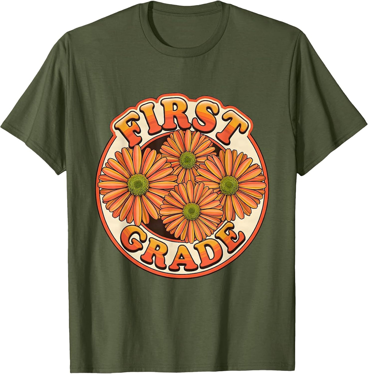 Men's FIRST GRADE Retro Flower Power Squared Back To School T-Shirt - Olive Green