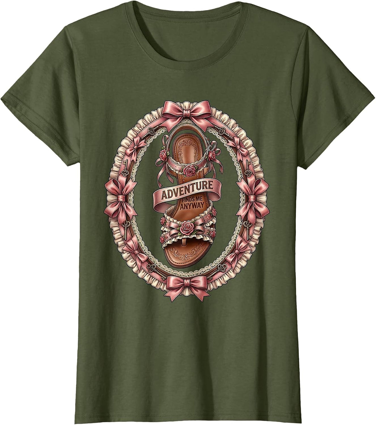 Women's Adventure Finds Me Anyway Outdoor Sandal Life T-Shirt - Olive Green