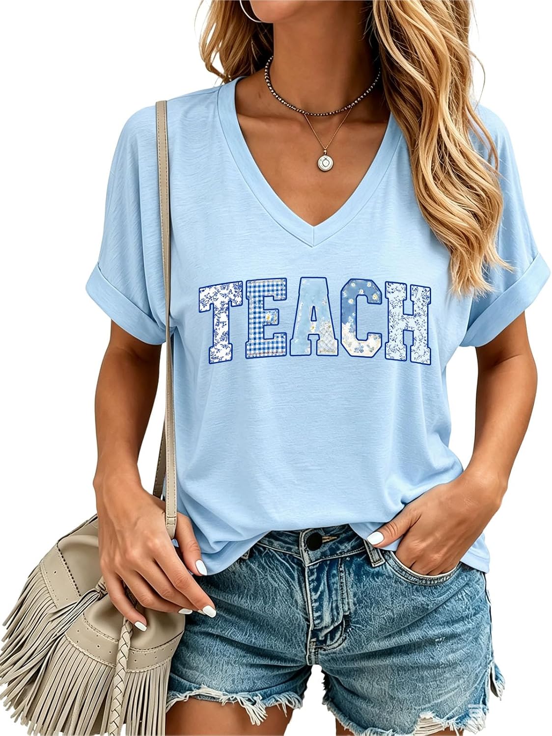 Teacher Shirts for Women Happy First Day of School T-Shirt Cute School Tee - Blue