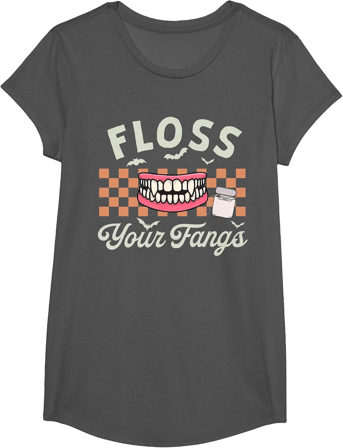 Retro Funny Teeth Floss Your Fangs Dentist Spooky Halloween T-Shirt - Girls Asphalt Grey