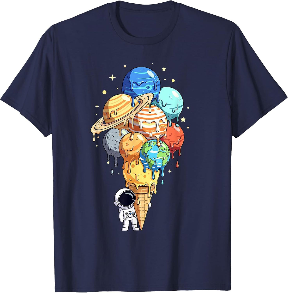 Astronaut Planet Ice Cream Cone Space Astronomy Solar System T-Shirt - Navy Blue