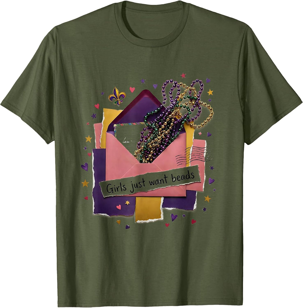 Men's Girls Just Want Beads Mardi Gras Design T-Shirt - Olive Green