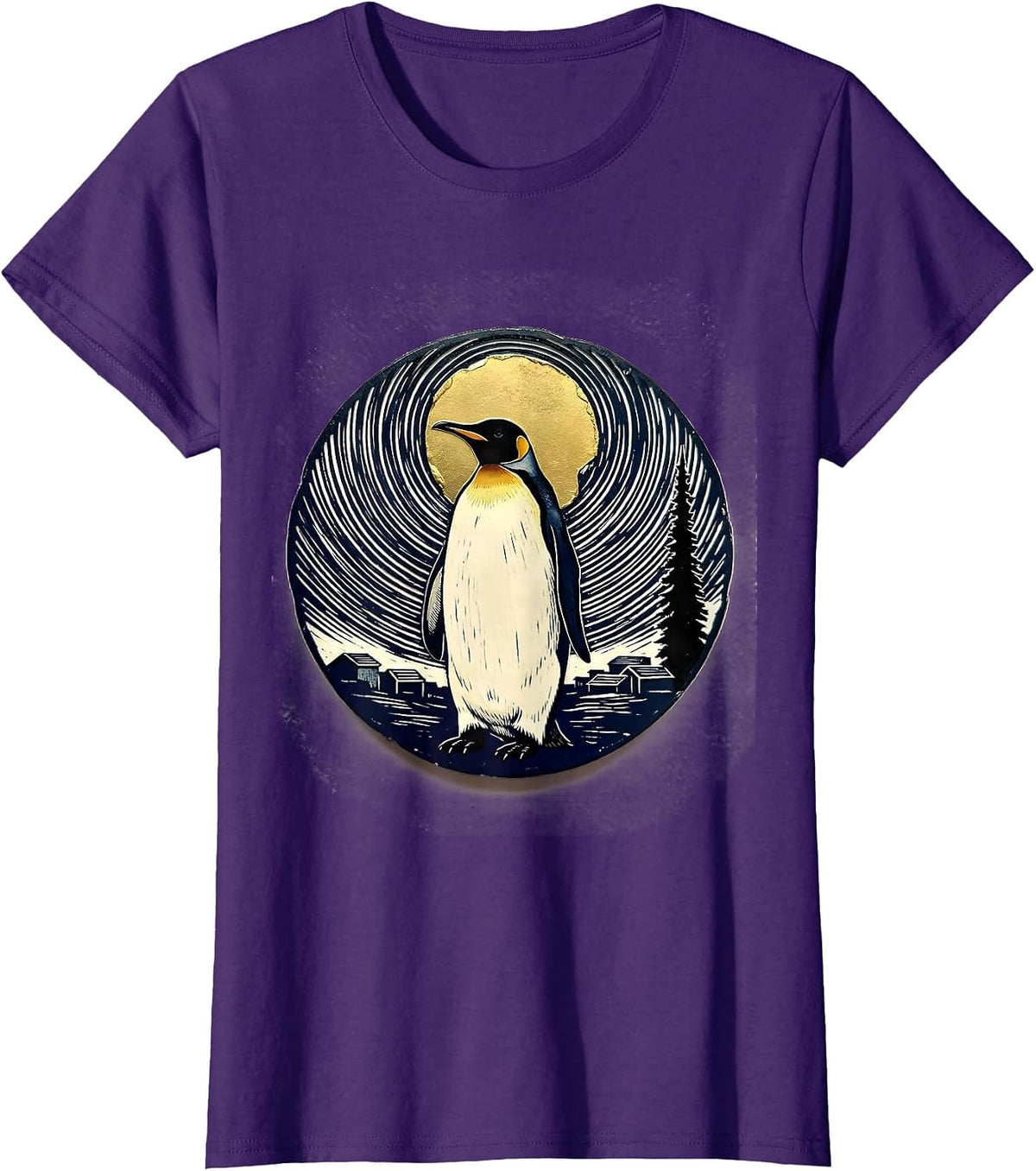 Women's Penguin Starry Night Van Gogh Art Parody Animal Lover T-Shirt - Purple