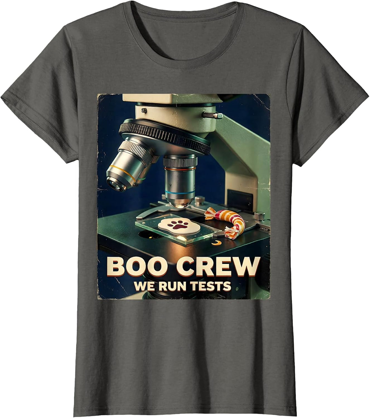 Women's Boo Crew We Run Tests Vintage Vet Tech Halloween Workplace T-Shirt - Asphalt Grey