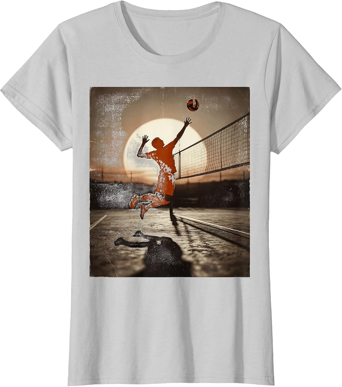 Volleyball Sunset Shadow Court Silhouette T-Shirt - Silver Grey