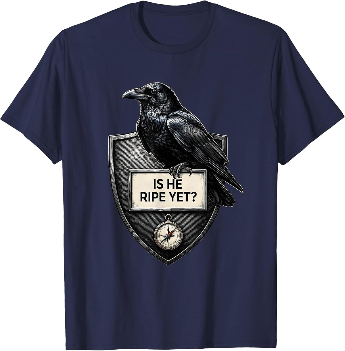 Men's Is He Ripe Yet Dark Humor Gothic Crow Raven Animal Humor T-Shirt - Navy Blue