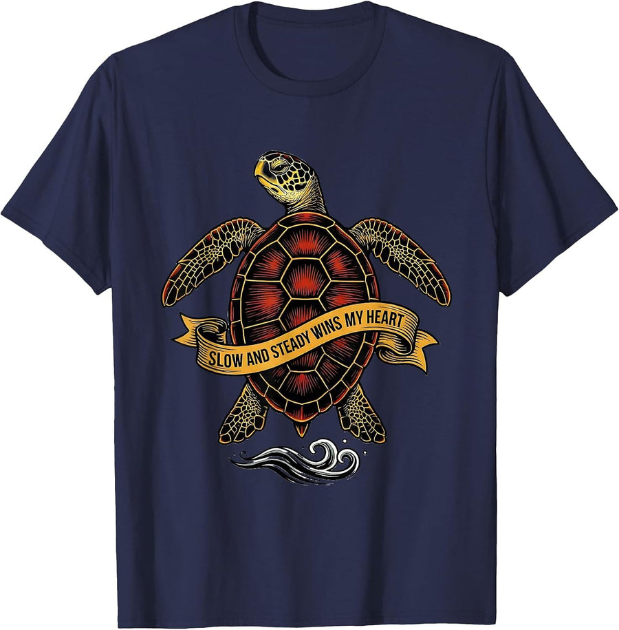 Slow And Steady Wins My Heart Tattoo Sea Turtle Ocean Animal T-Shirt - Navy Blue