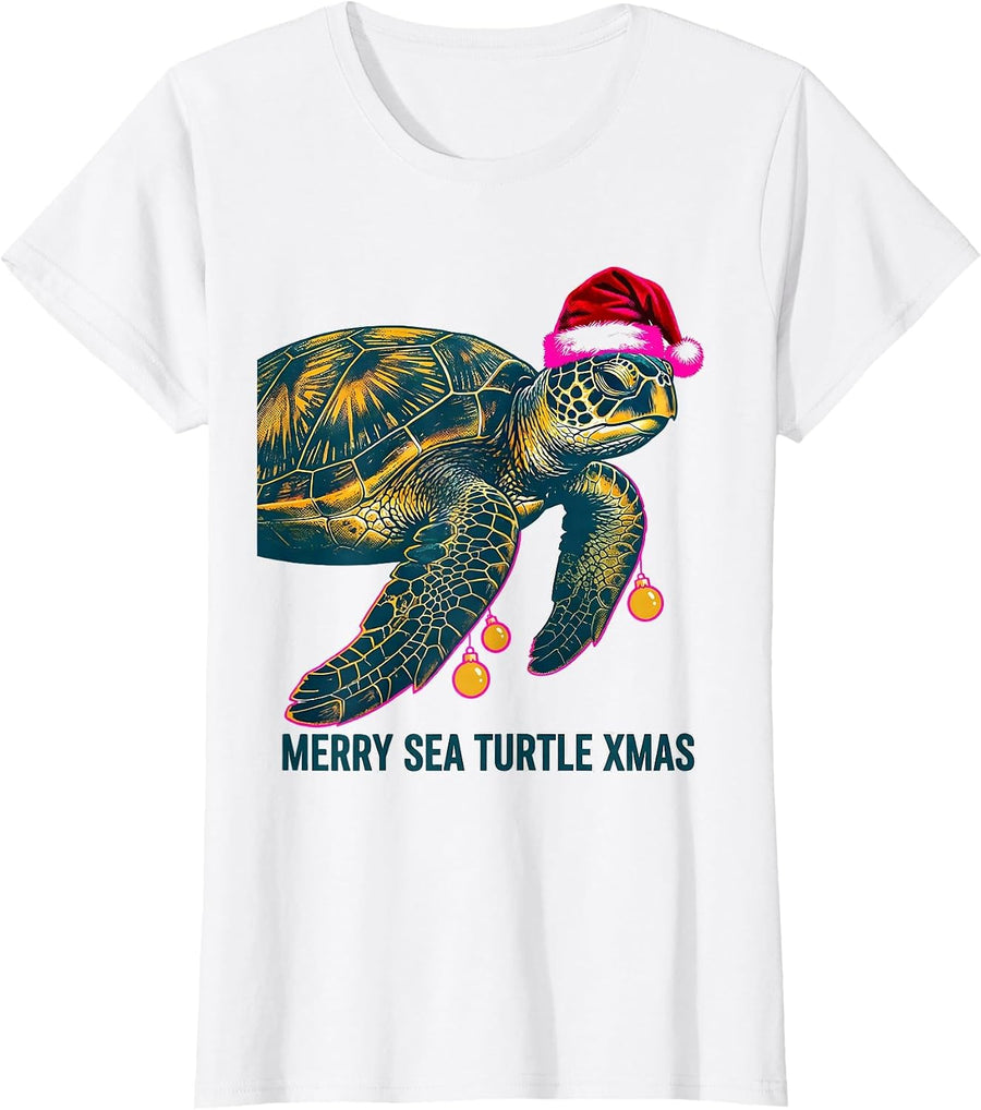 Women's Merry Sea Turtle Xmas Risograph Whimsical Sea Turtle Lover T-Shirt - White