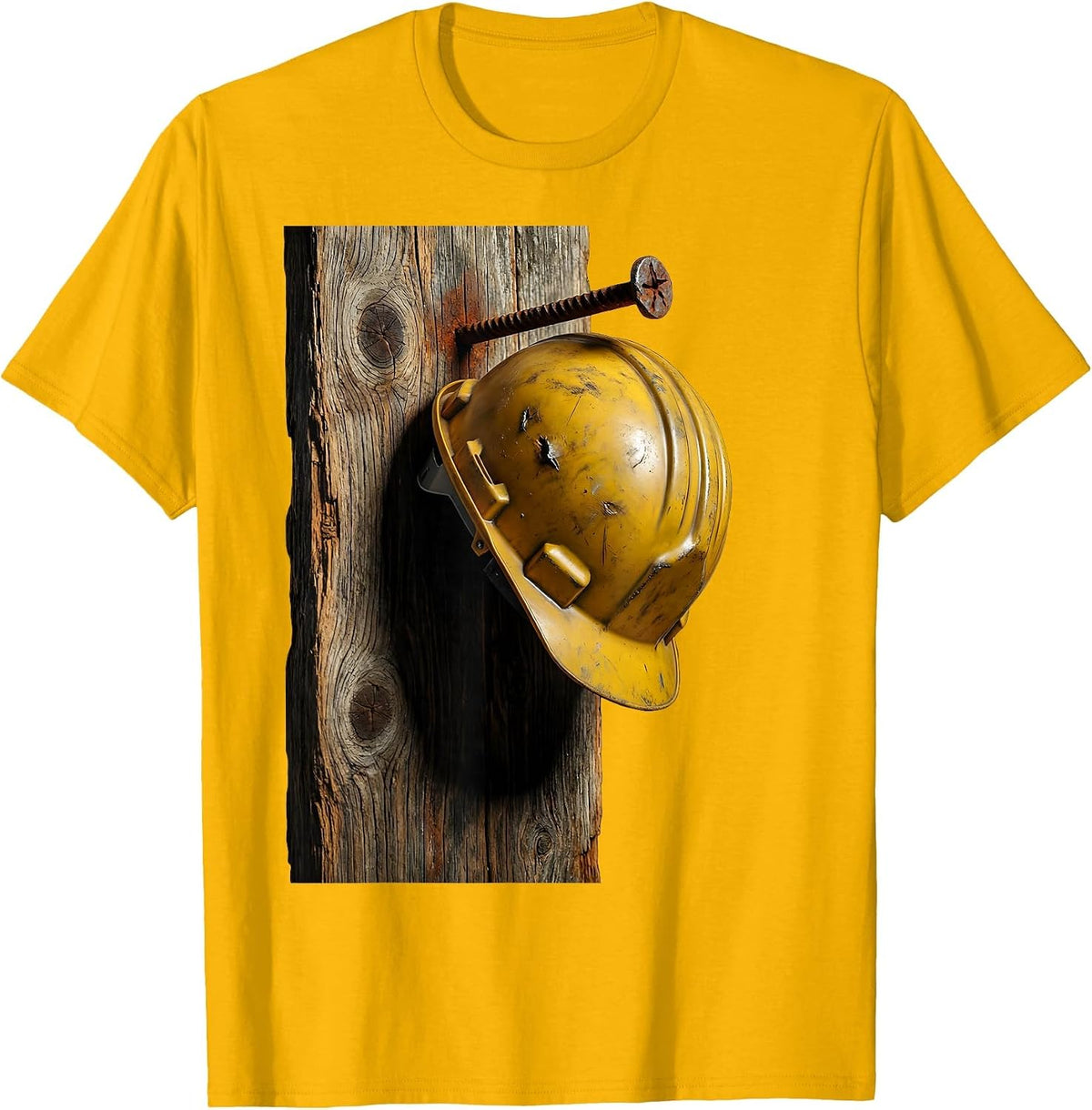 Labor Day Hard Hat on Rusty Nail Illustration T-Shirt - Golden Yellow