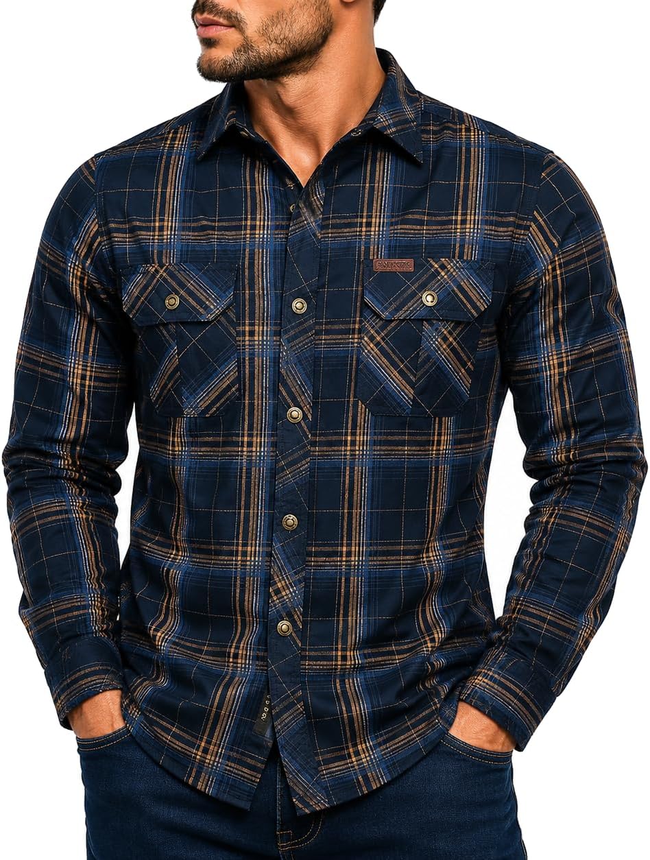 FREDD MARSHALL Men's Long Sleeve Cotton Plaid Cargo Work Shirt - Dark Blue