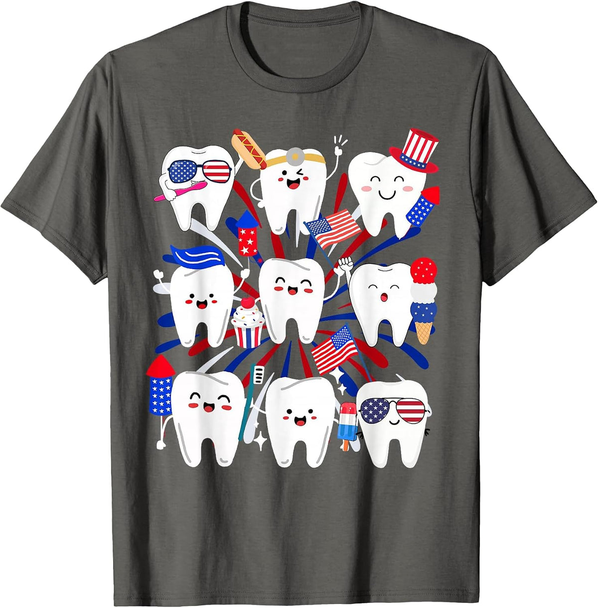Happy 4th July American Dental Squad Funny Dental Assistant T-Shirt - Asphalt Grey