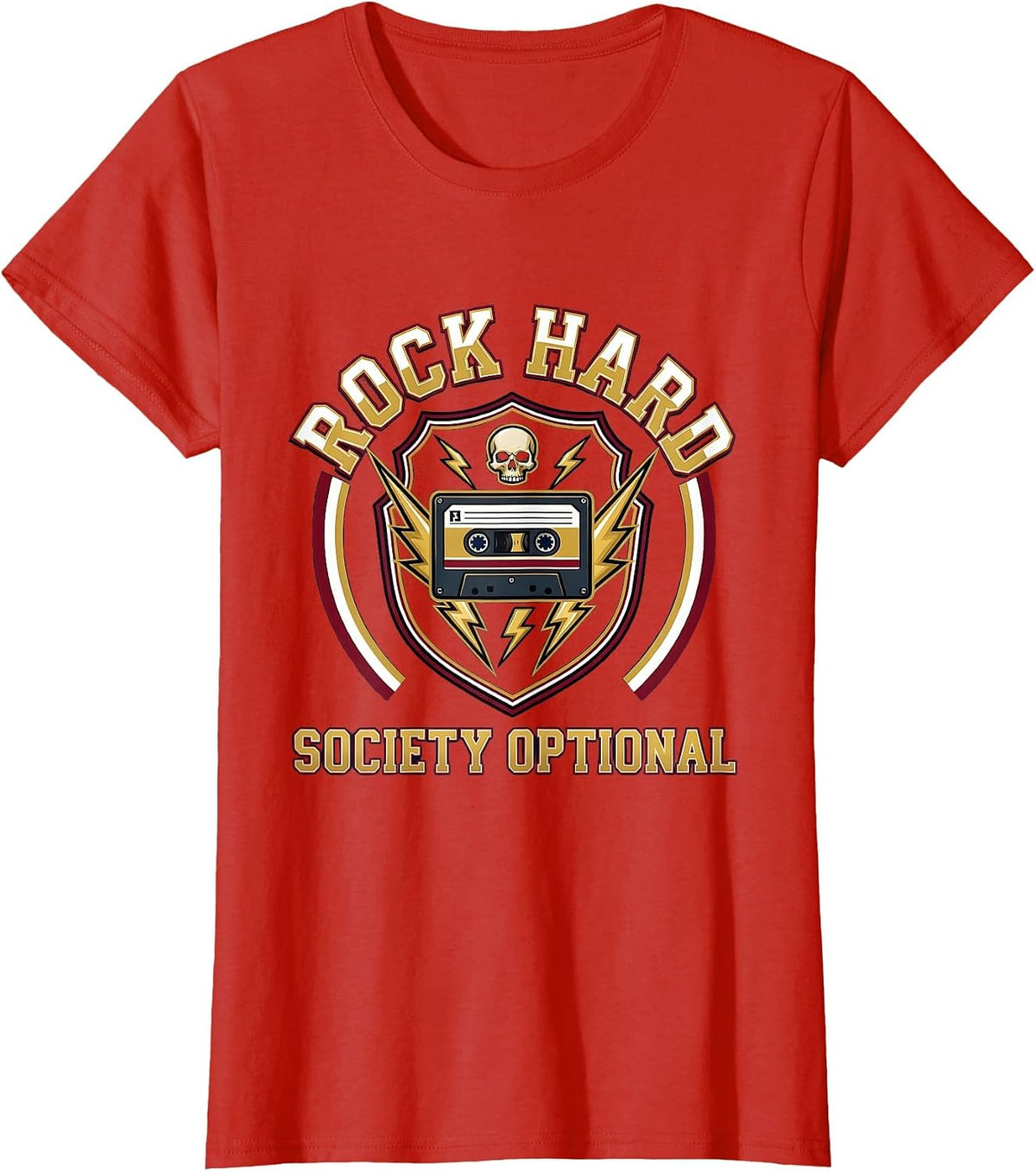 Rock Hard, Society Optional Varsity Crest Design T-Shirt - Red