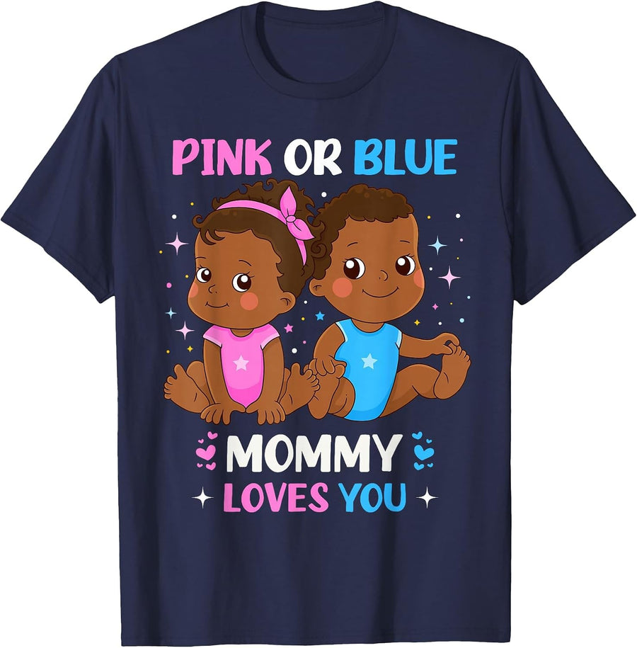 Pink or Blue Mommy Loves You Black Baby Gender Reveal Party T-Shirt - Navy Blue