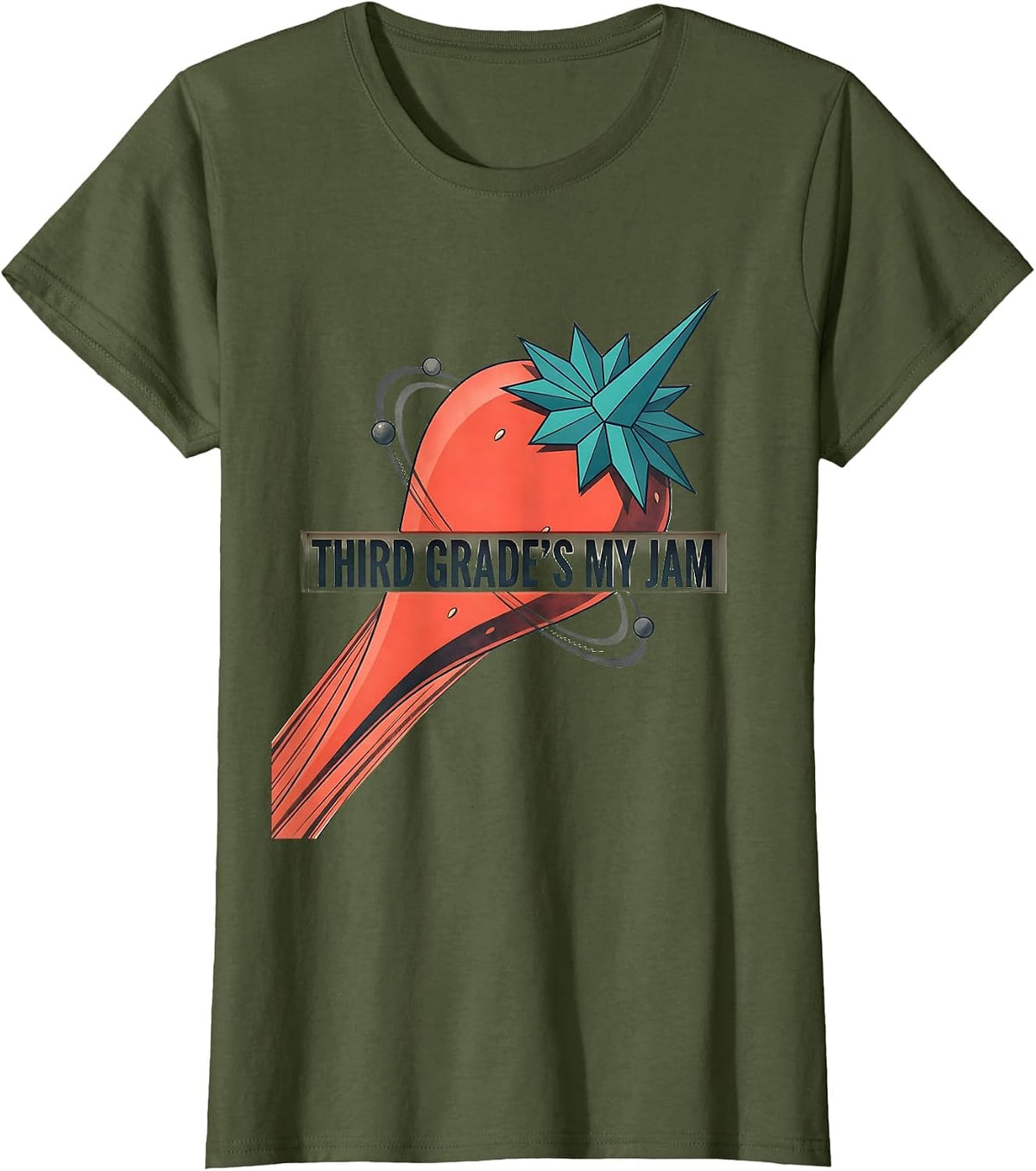 Women's Third Grade's My Jam Midcentury Modern Strawberry Back T-Shirt - Olive Green