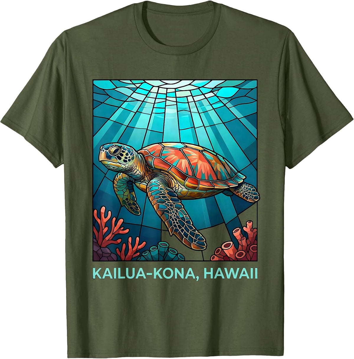 Men's Kailua-Kona, Hawaii Stained Glass Mosaic Sea Turtle Souvenir T-Shirt - Olive Green