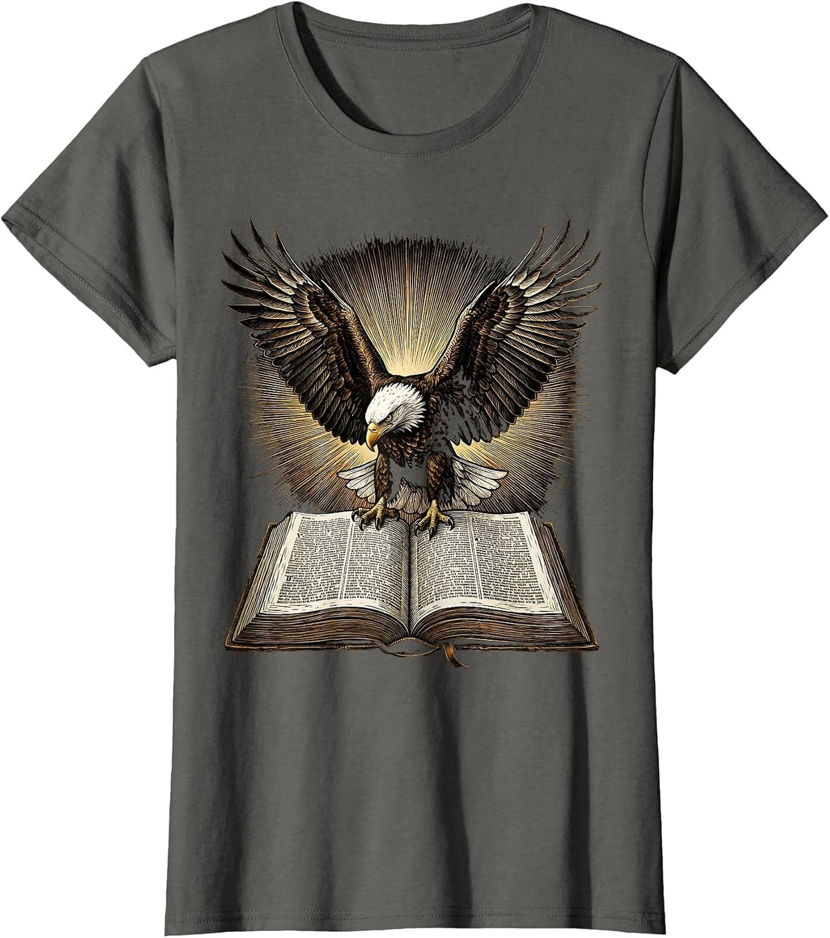 Women's Bald Eagle Over Bible Patriotic Christian Graphic T-Shirt - Asphalt Grey