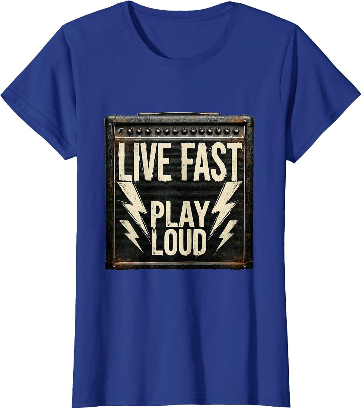 Women's Live Fast Play Loud Heavy Metal Graphic Design T-Shirt - Royal Blue