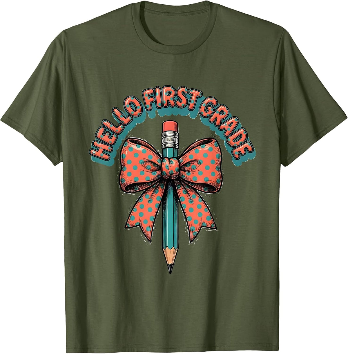 Men's Hello First Grade Cute Back to School Pencil Bow Gift T-Shirt - Olive Green